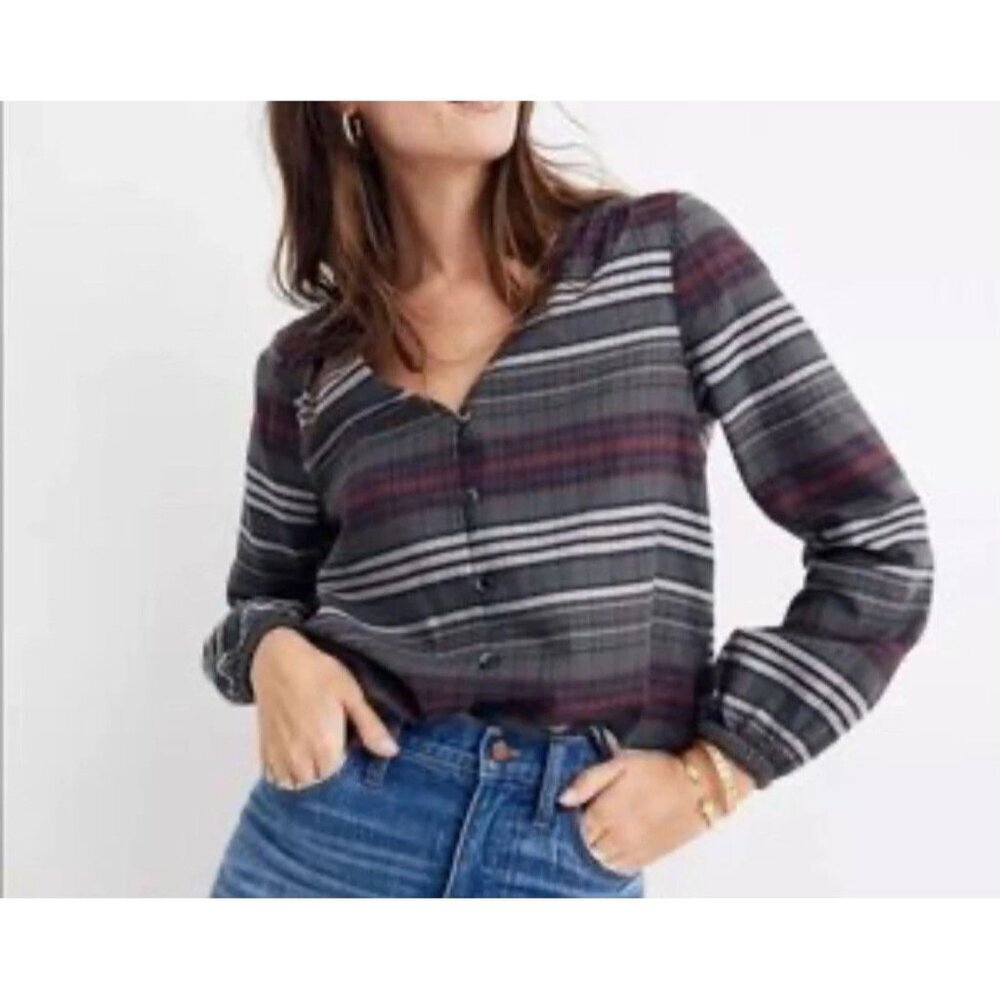 Madewell Medium V-Neck Button-Down Shirt Pineview Plaid 100% Cotton Flannel Fall